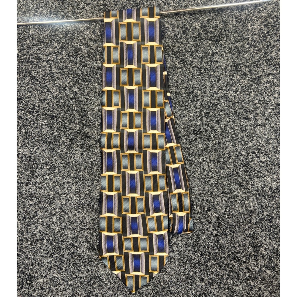 Haggar Tie Mens OS Blue Gold Geometric Silk Block Print Professional Business